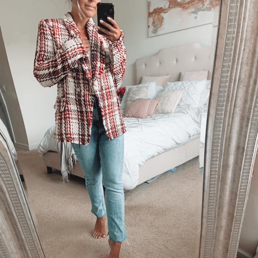 Zara Red and White Plaid Blazer